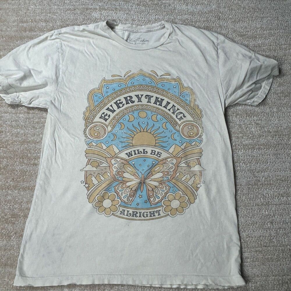 Lotus Fashion T-Shirt‎ Womens M Butterfly Sun Graphic Will Be Alright Cream Tee